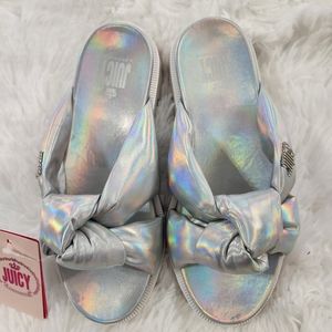 Juicy Couture Irridescent Silver J Unicorn Lug Sole Knot Detail Slides